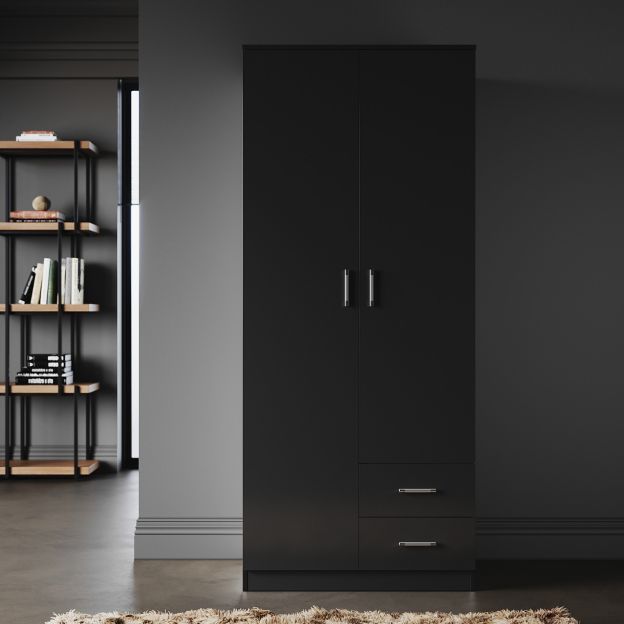 Elegant 2 Drawers 2 Doors Black Free Standing Wardrobe With Large Hanging  Space In Wardrobes With Two Drawers (View 7 of 15)