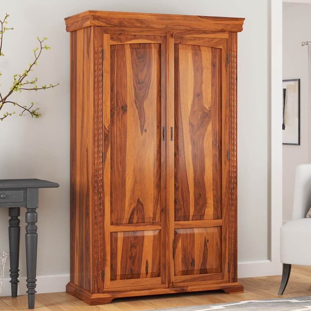 Empire Bedroom Transitional Solid Wood Large Armoire Wardrobe With Shelves Intended For Large Wooden Wardrobes (View 7 of 15)