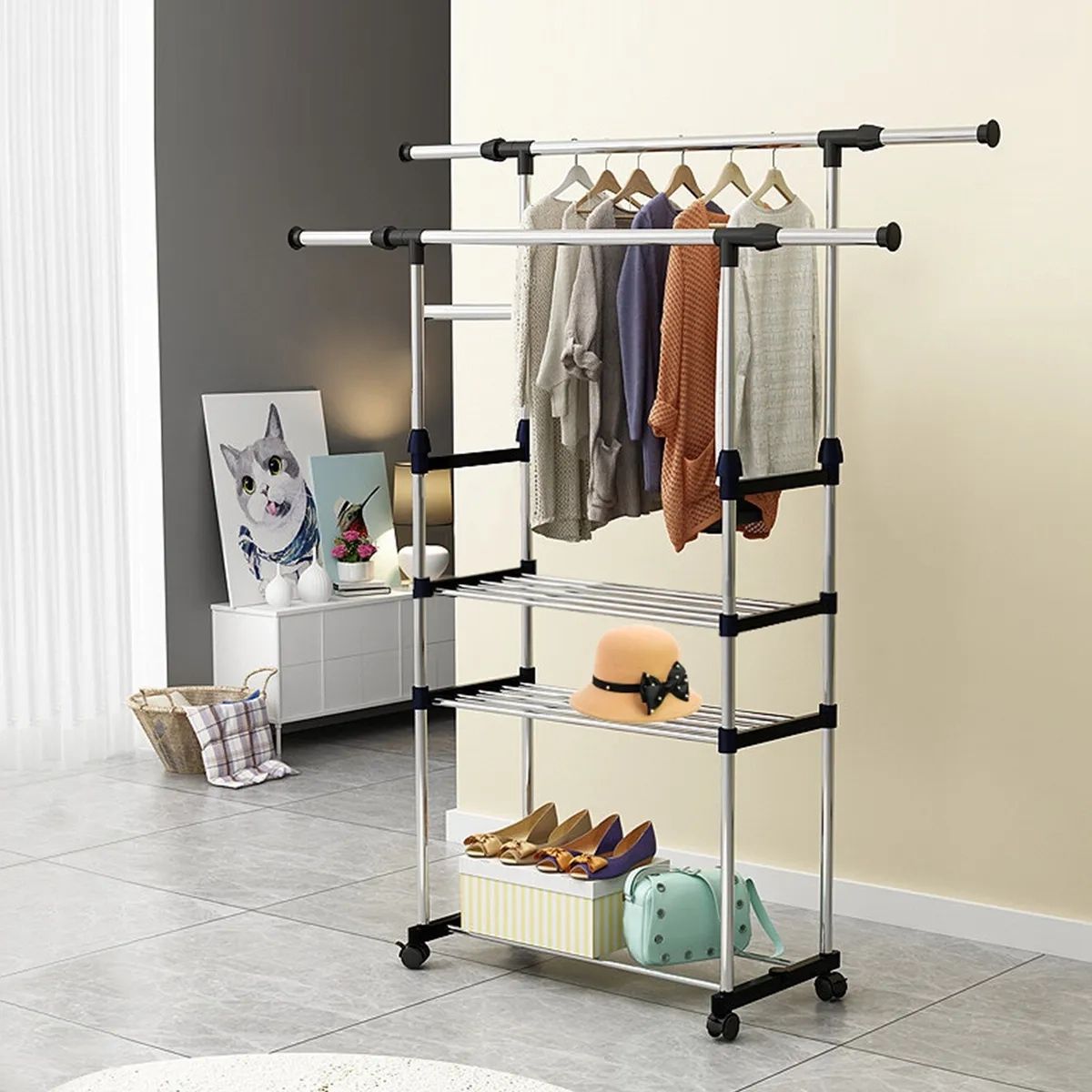 Extendable Clothing Garment Rack Rolling Clothes Organizer Double Rails  Hanging | Ebay Throughout Double Up Wardrobe Rails (Photo 9 of 15)