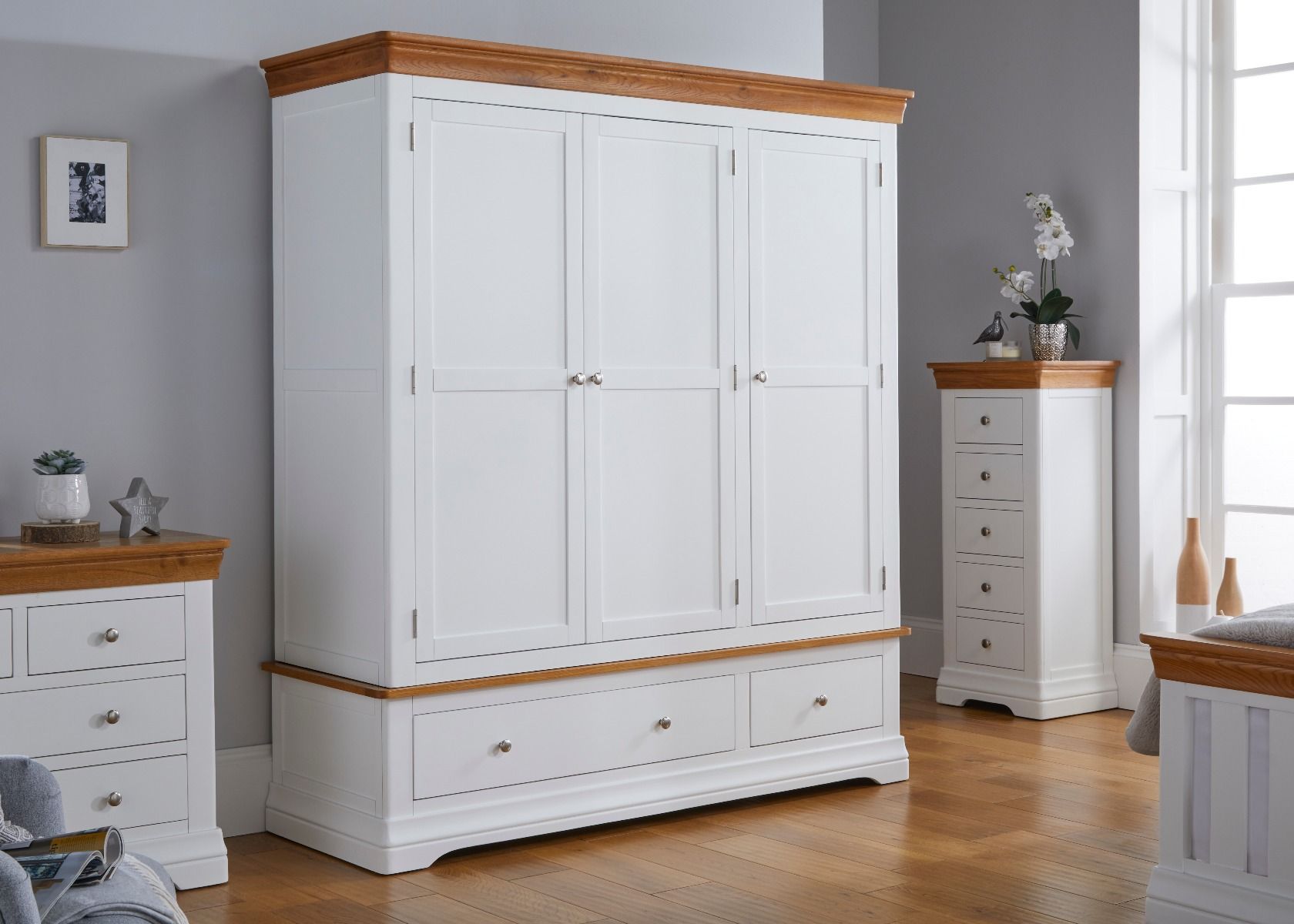 Farmhouse White Painted 3 Door Triple Oak Wardrobe – Free Delivery | Top  Furniture For Wardrobes With 3 Drawers (View 12 of 15)