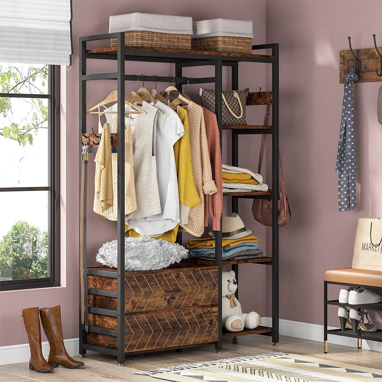 Freestanding Closet Organizer, Clothes Rack With Drawers, Garment Rack  Hanging Clothing Wardrobe Storage Closet For Bedroom – On Sale – Bed Bath &  Beyond – 35877781 Pertaining To Standing Closet Clothes Storage Wardrobes (View 2 of 15)