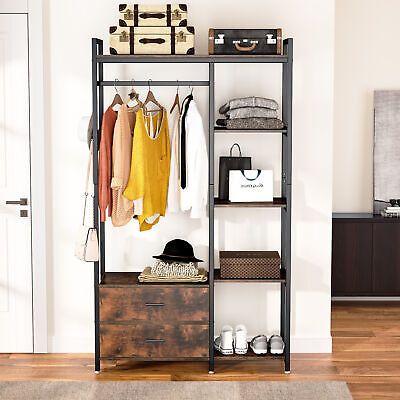 Freestanding Closet Organizer With Open Shelves & 2 Drawers Bedroom  Garment Rack | Ebay Pertaining To Standing Closet Clothes Storage Wardrobes (Photo 11 of 15)