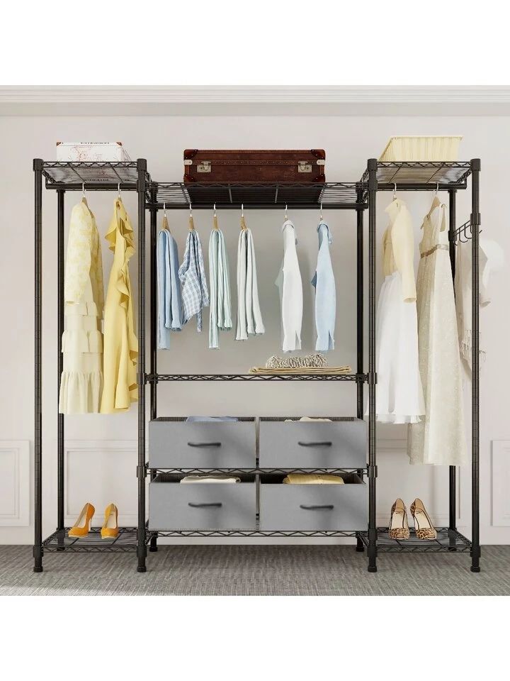 Freestanding Closet Wardrobe,wire Garment Rack Heavy Duty Clothes Rack, Closet Organizer Metal Garment Rack Portable Clothes Hanger Home Shelf (3  Rows Of Hanging Bar Plus 7 Layers Of Shelves With 1 Row Of In Wire Garment Rack Wardrobes (View 7 of 15)