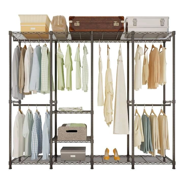 Freestanding Closet Wardrobe,wire Garment Rack Heavy Duty Clothes Rack, Closet Organizer Metal Garment Rack Portable Clothes Hanger Home Shelf (5  Rows Of Hanging Bar Plus 7 Layers Of Shelves With 1 Row Of For Wire Garment Rack Wardrobes (Photo 5 of 15)