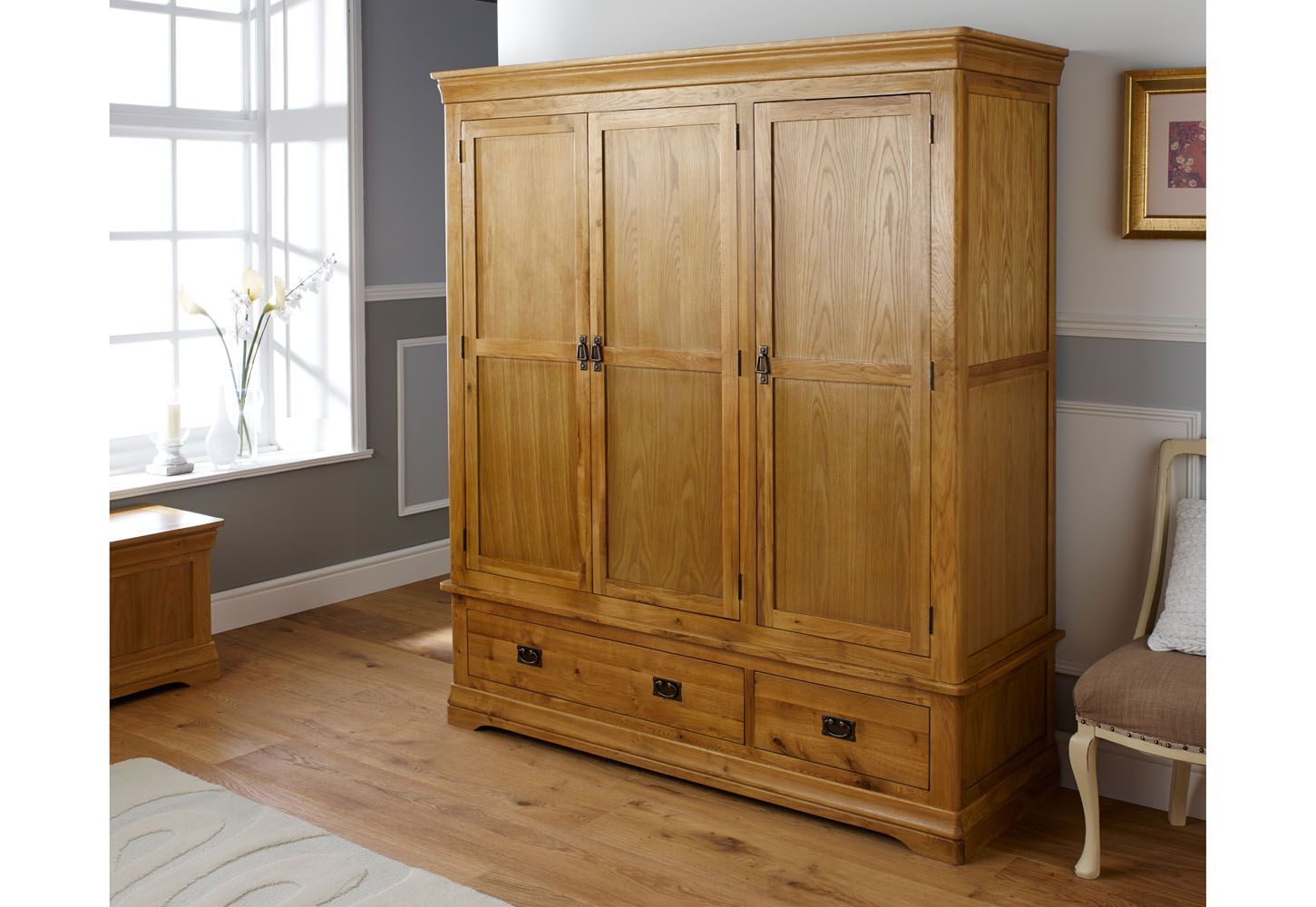 French Farmhouse Large Triple Oak Wardrobe – Free Delivery | Top Furniture Within Large Wooden Wardrobes (Photo 3 of 15)