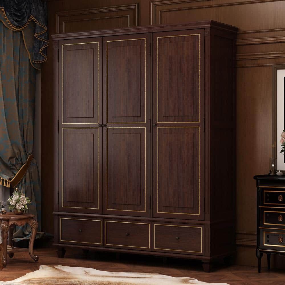 Fufu&gaga Brown 3 Door Big Wardrobe Armoires With Hanging Rod 3 Drawers  Storage Shelves (78.7 In. H X 63 In. W X 18.9 In. D) Kf390017 01 – The Home  Depot Pertaining To Wardrobes With 3 Hanging Rod (Photo 10 of 15)