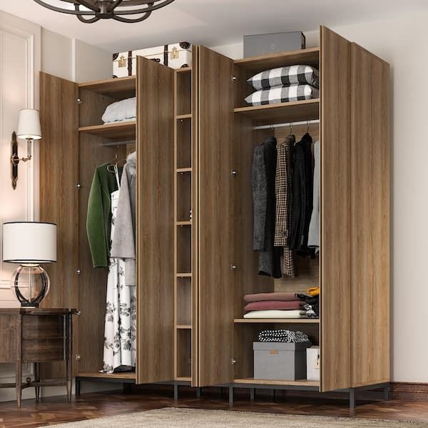 Fufu&gaga Brown Wodoen 82.7 In. Width Large Wall Wide Wardrobe, Armoire  With Mirrored Door, 2 Hanging Rods And 11 Shelves L Thd 200211 01 Ltl – The  Home Depot Pertaining To Large Wooden Wardrobes (Photo 15 of 15)