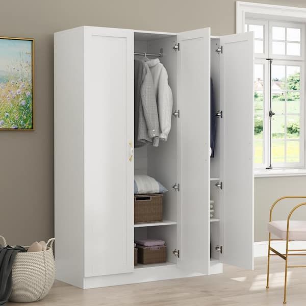 Fufu&gaga White 3 Doors Armoires Wardrobe With Hanging Rod And Storage  Cubes 69.6 In. H X 47.2 In. W X 19.6 In (View 2 of 15)
