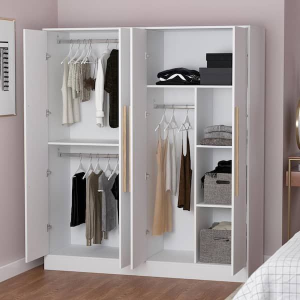 Fufu&gaga White 4 Door Wardrobe Armoires With Hanging Rod And Storage  Shelves (70.9 In. H X 63 In. W X 19.7 In. D) Kf210109 Xin – The Home Depot With Regard To Wardrobes With 4 Shelves (Photo 5 of 15)