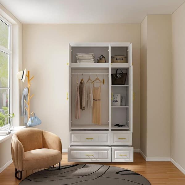 Fufu&gaga White 6 Door Big Wardrobe Armoires With Hanging Rod, 4 Drawers,  Storage Shelves 93.7 In. H X 47.2 In. W X 20.6 In. D Kf250022 0123 – The  Home Depot Regarding Wardrobes With 4 Shelves (Photo 7 of 15)