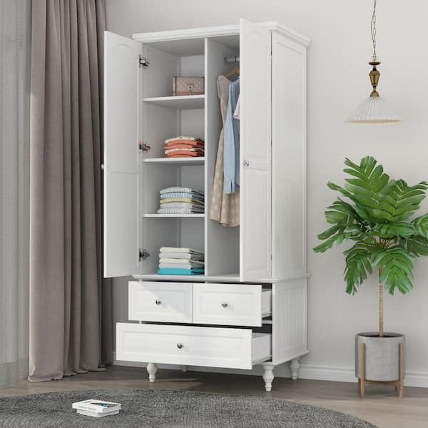 Fufu&gaga White Wooden Wardrobe Armoires W/ Mirror,hanging Rods,  Drawers,adjustable Shelves( 19.7 In. D X 31.5 In. W X 70.9 In. H)  Kf330054 01 – The Home Depot Pertaining To White Wardrobe Armoire (Photo 10 of 15)