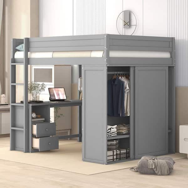 Harper & Bright Designs Gray Full Size Wood Loft Bed With Wardrobe, 2 Drawer  Desk And Cabinet Qhs148aae F – The Home Depot With Regard To 2 Separable Wardrobes (View 6 of 15)