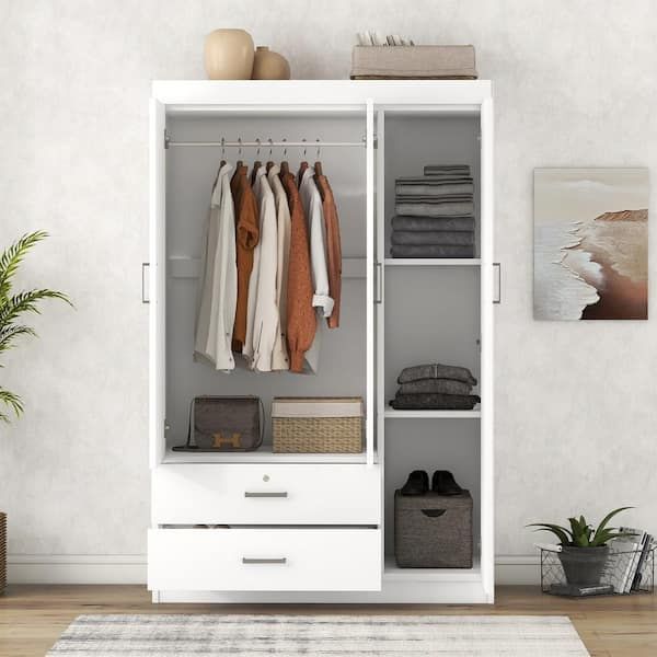 Harper & Bright Designs White Wood 41.3 In. 3 Door Wardrobe Armoires With Hanging  Rod, 2 Drawers, And Storage Shelves Qmy146aak – The Home Depot With Regard To Wardrobes With 3 Hanging Rod (Photo 14 of 15)