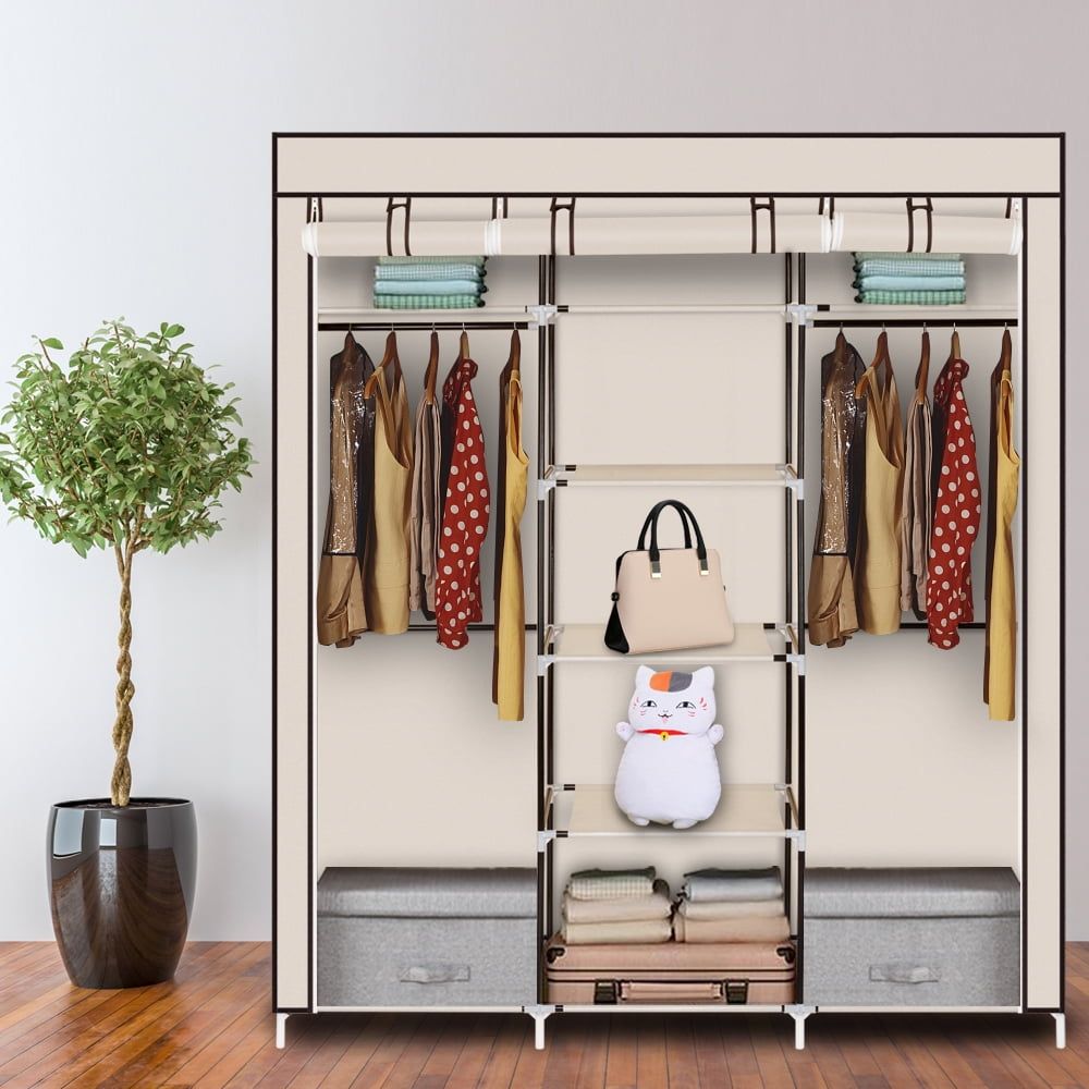 Hassch 5 Tiers Wardrobe Closet Portable Clothes Storage Organizer With  Double Hanging Rod For Bedroom, Beige – Walmart Regarding 5 Tiers Wardrobes (Photo 2 of 15)