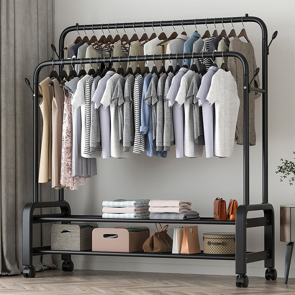Heavy Duty Double Clothes Rail Rack Hanging Rack Garment Display Stand  Storages | Ebay Intended For Wardrobe Hangers Storages (View 5 of 15)