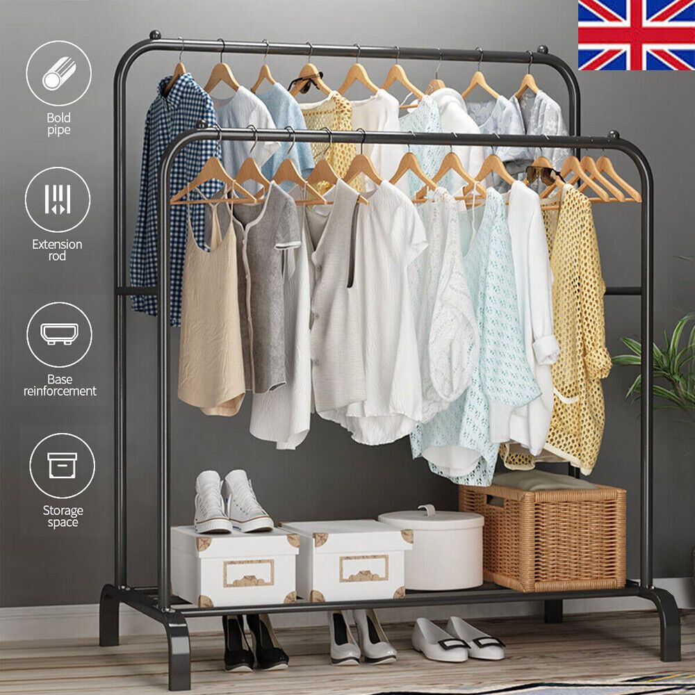 Heavy Duty Metal Double Rail Clothes Garment Hanging Rack Shelf Display  Stand | Ebay Pertaining To Double Hanging Rail For Wardrobe (View 15 of 15)