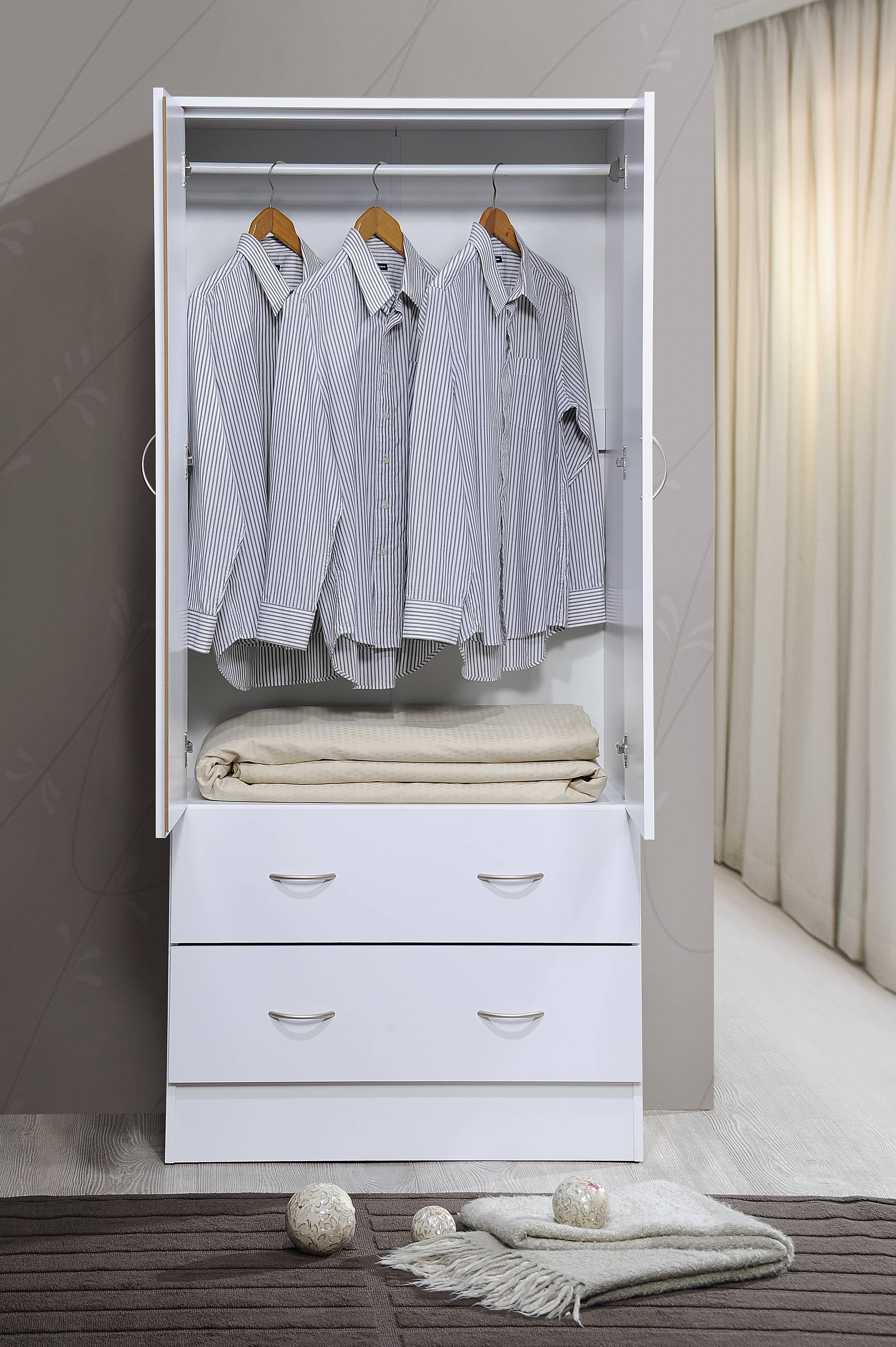 Hodedah Two Door Wardrobe With Two Drawers And Hanging Rod, White –  Walmart For Wardrobes With 3 Hanging Rod (Photo 5 of 15)