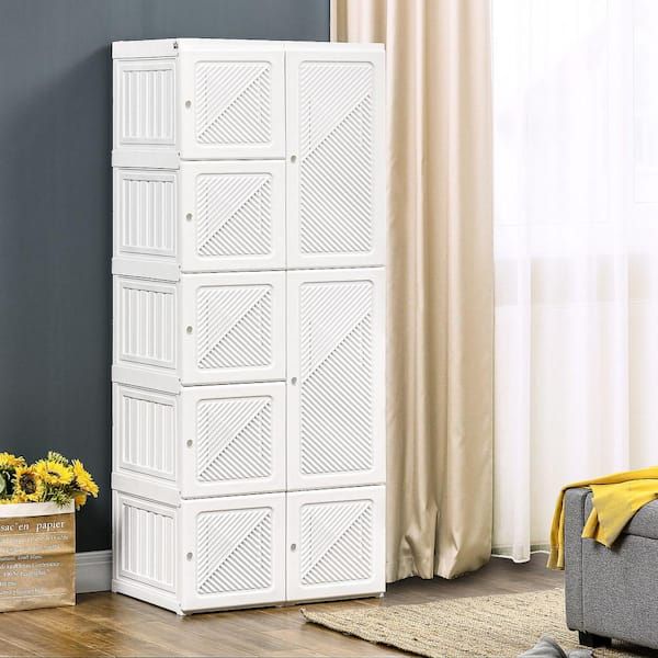 Homcom Portable Wardrobe Closet, Folding Armoire, Storage Organizer With  Cube Compartments, Hanging Rod, Magnet Doors, White 831 559 – The Home Depot For 60 Inch Wardrobes (View 12 of 15)