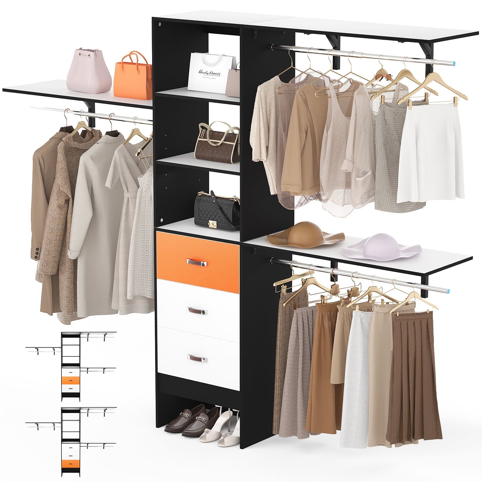 Homieasy 96 Inches Closet System, 8ft Walk In Closet Organizer With 3  Shelving Towers, Heavy Duty Clothes Rack With 3 Drawers, Built In Garment  Rack, 96" L X 16" W X 75" H, For Built In Garment Rack Wardrobes (Photo 4 of 15)
