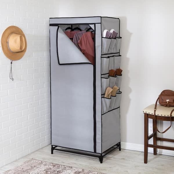 Honey Can Do 62.2 In. H X 27.17 In. W X 18.11 In. D Gray Non Woven And  Steel Portable Closet With Cover And Side Pockets Wrd 09194 – The Home Depot With Single Tier Zippered Wardrobes (Photo 12 of 15)