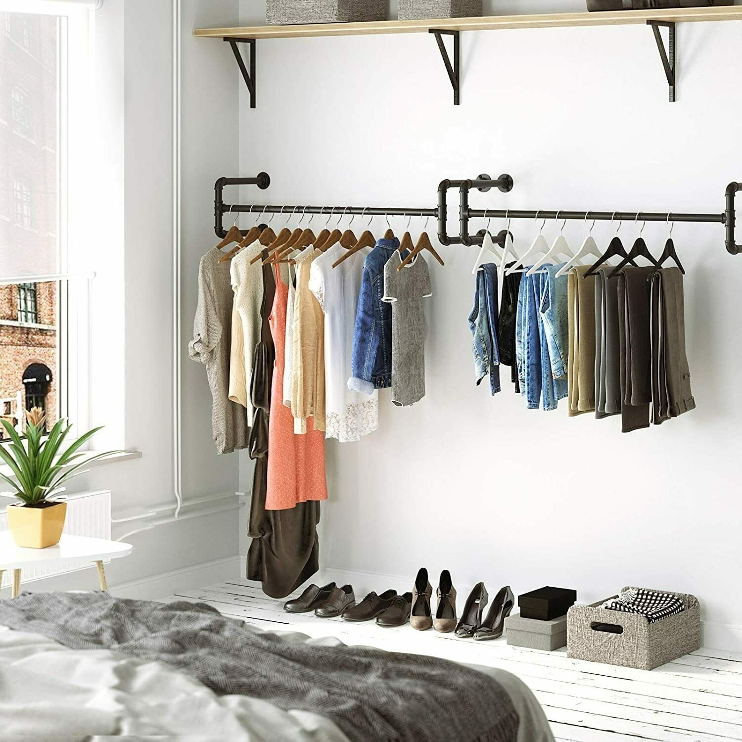 Industrial Pipe Clothes Rack Wall Mounted Hanging Rod Rail Garment – On  Sale – Bed Bath & Beyond – 35642863 Regarding Double Up Wardrobe Rails (View 15 of 15)