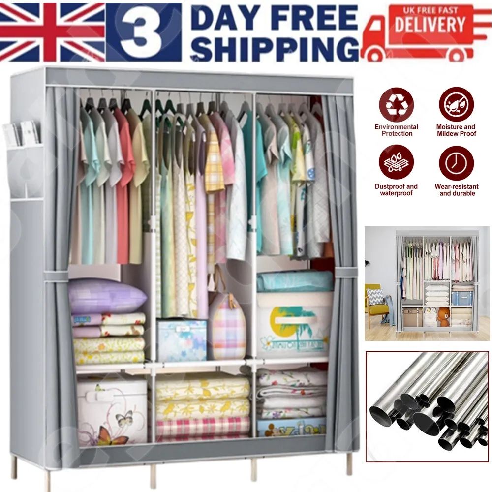 Large Canvas Fabric Wardrobe With Hanging Rail Shelving Clothes Storage  Cupboard | Ebay With Regard To Large Double Rail Wardrobes (View 9 of 15)