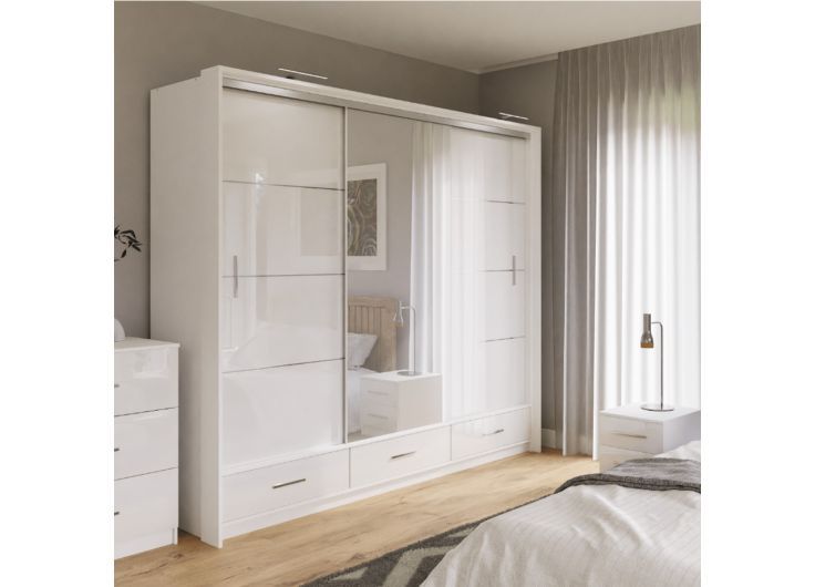 Lenox Sliding Wardrobe With Drawers White Gloss & Mirror 255cm Intended For Wardrobe With Shelves (View 11 of 15)