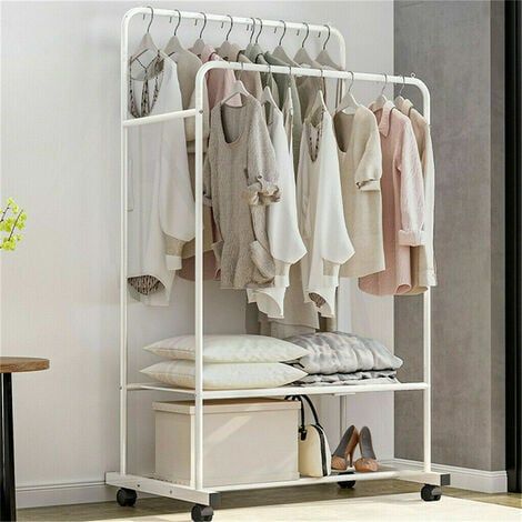 Livingandhome Rolling Clothes Rail Garment Rack Double Bar Clothing Shelf In Large Double Rail Wardrobes (View 8 of 15)