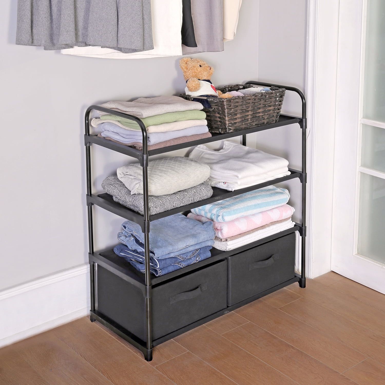 Mainstays 4 Shelf Home Closet Organizer With 2 Fabric Bins, Black –  Walmart In Wardrobes With 2 Bins (Photo 3 of 15)