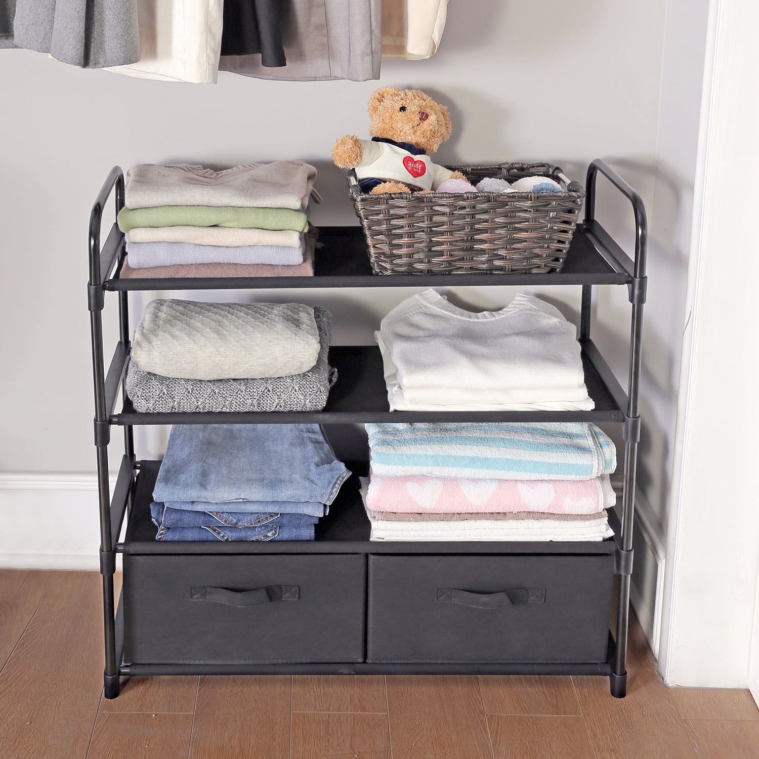 Mainstays 4 Shelf Home Closet Organizer With 2 Fabric Bins, Closet, Black,  Indoor, Adult And Child – Walmart Intended For Wardrobes With 2 Bins (Photo 1 of 15)