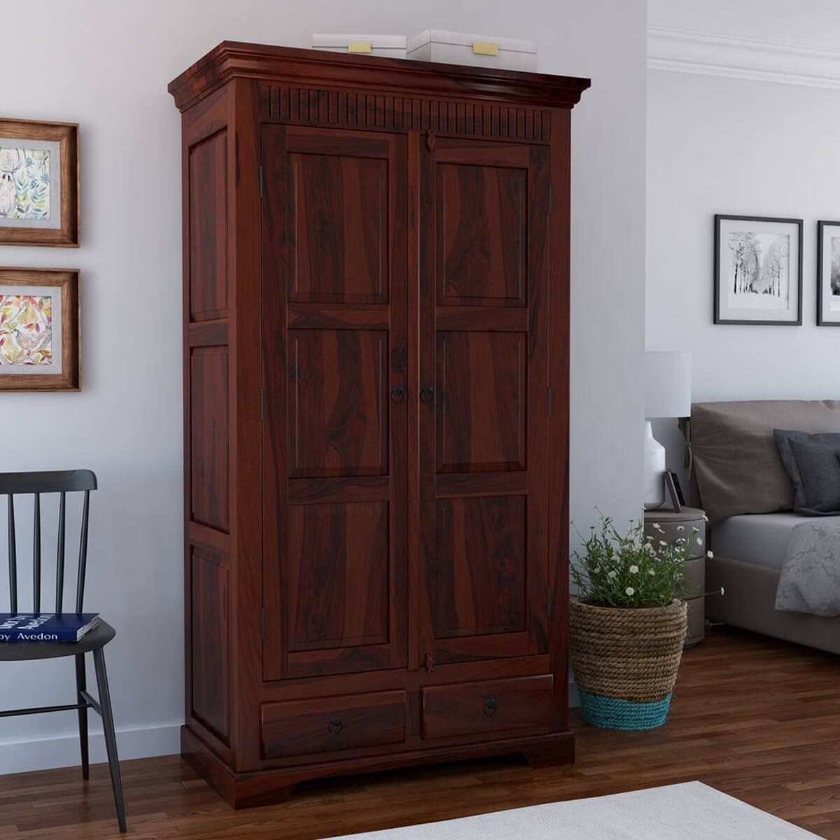 Marengo Rustic Solid Wood Large Wardrobe Armoire W Shelves And Drawers Intended For Large Wooden Wardrobes (View 14 of 15)