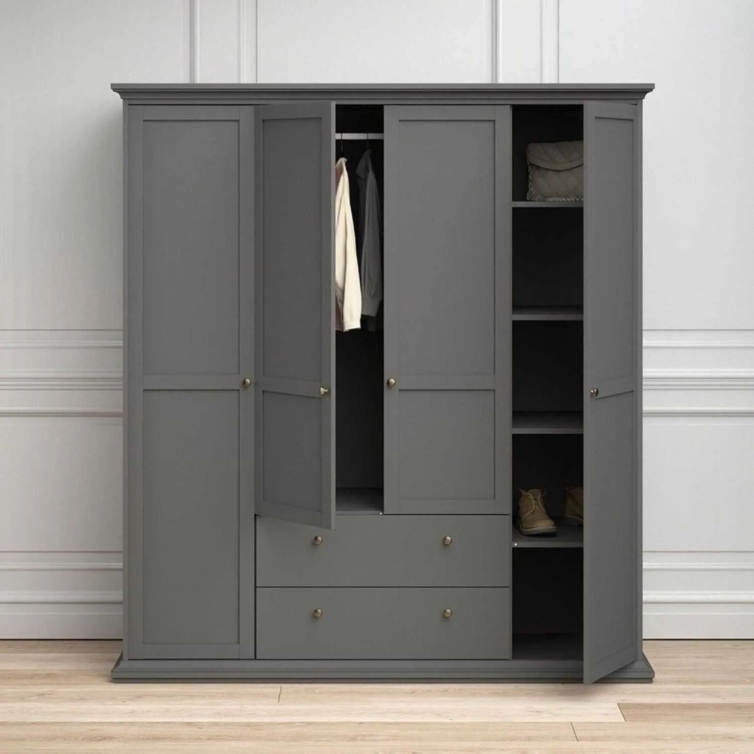 Matt Grey Painted Large 4 Door 2 Drawer Wardrobe With Shelves 200.6x181.4cm  – Home Living Inside Wardrobe With Shelves (Photo 12 of 15)