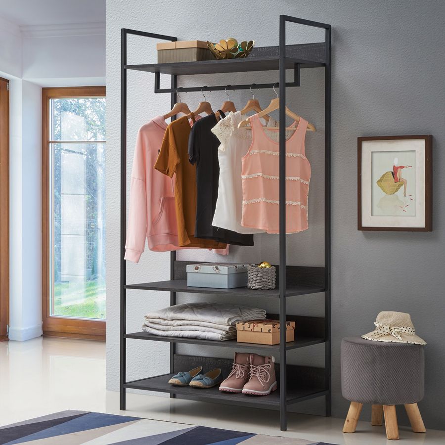 Mersey Open Wardrobe With 4 Shelves | Black | Self Assembly | Oak World For Wardrobe With Shelves (View 15 of 15)