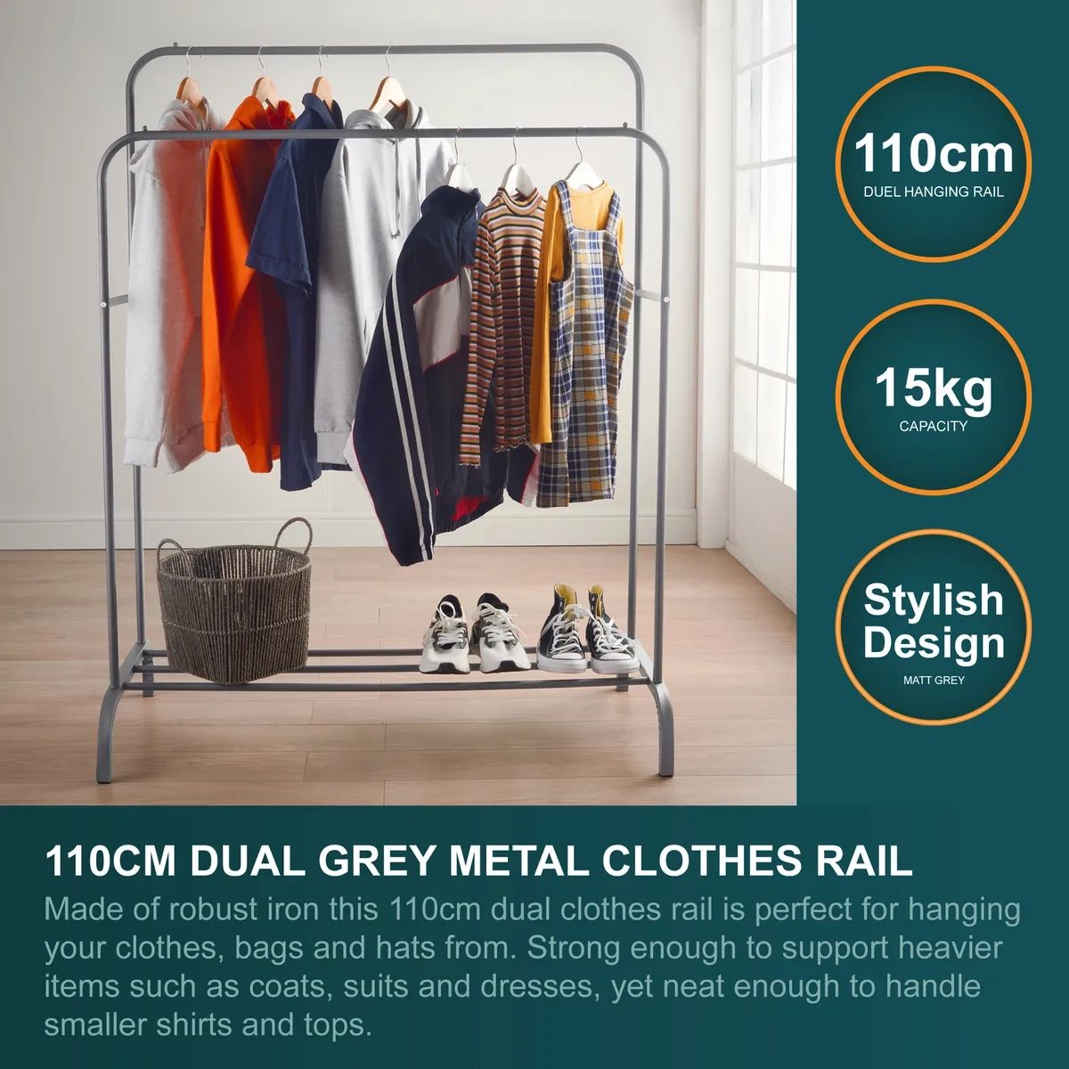 Moda Dual Clothing Rail Rack 110cm Heavy Duty Garment Hanging Grey Shoe  Storage | Ebay Inside Double Wardrobe Hanging Rail And Supports (View 8 of 15)