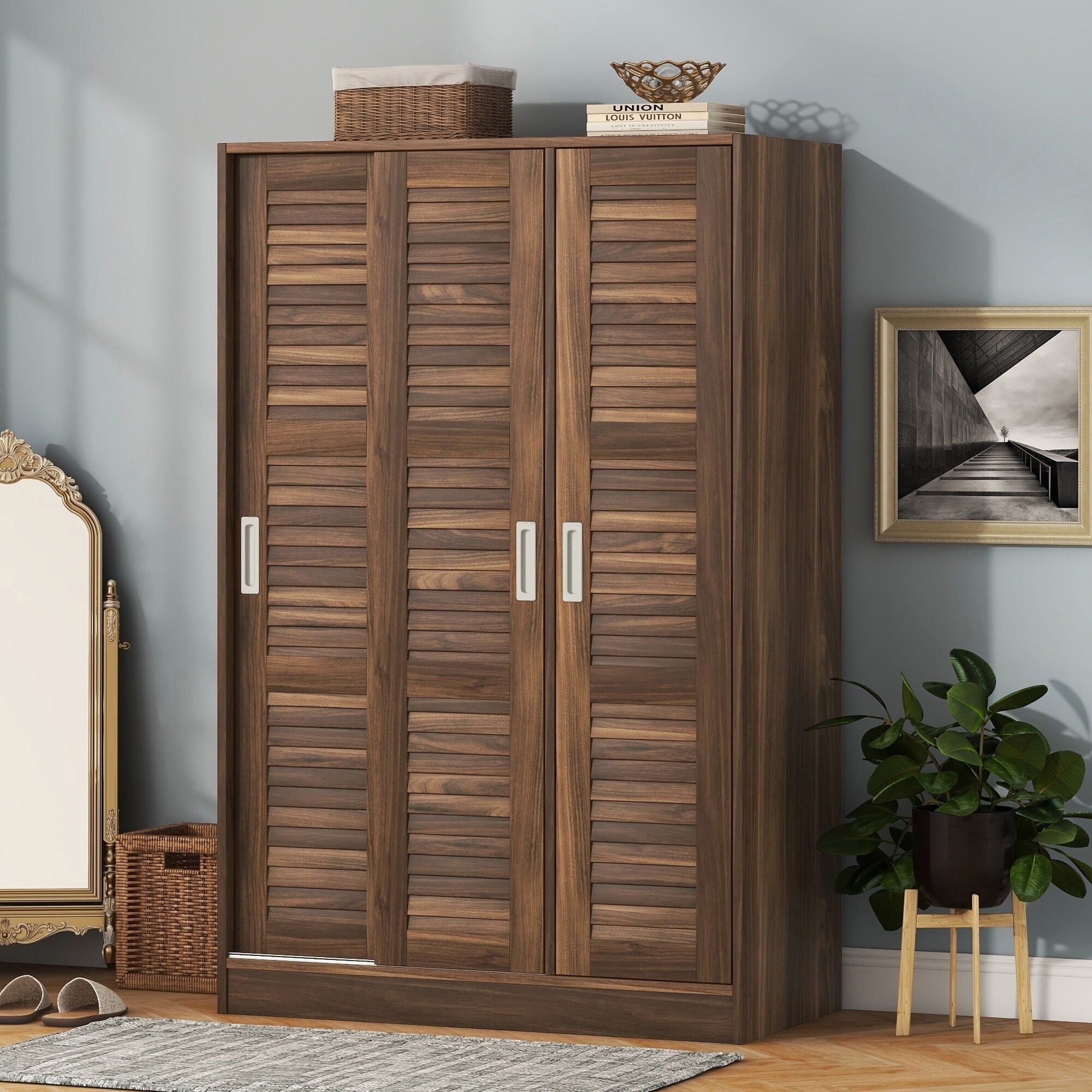Modern Traditional 3 Door Shutter Sliding Wardrobe With Shelves, 66.9"tall  Large Independent Wardrobe, Walnut – Bed Bath & Beyond – 38318122 Intended For Traditional Wardrobes (Photo 12 of 15)