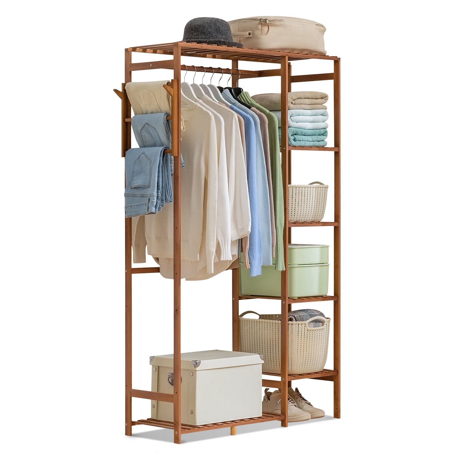 Monibloom 6 Tiers Coat Pants Rack Closet Wardrobe With Hanging Rod, Bamboo  Clothing Stand, For Living Room | Wayfair Regarding Built In Garment Rack Wardrobes (View 8 of 15)