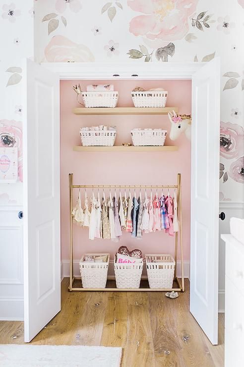 Nursery Closet Painted Pink With Gold Clothes Rail – Transitional – Nursery  – Behr Ultra Pure White Intended For Double Rail Nursery Wardrobes (Photo 13 of 15)