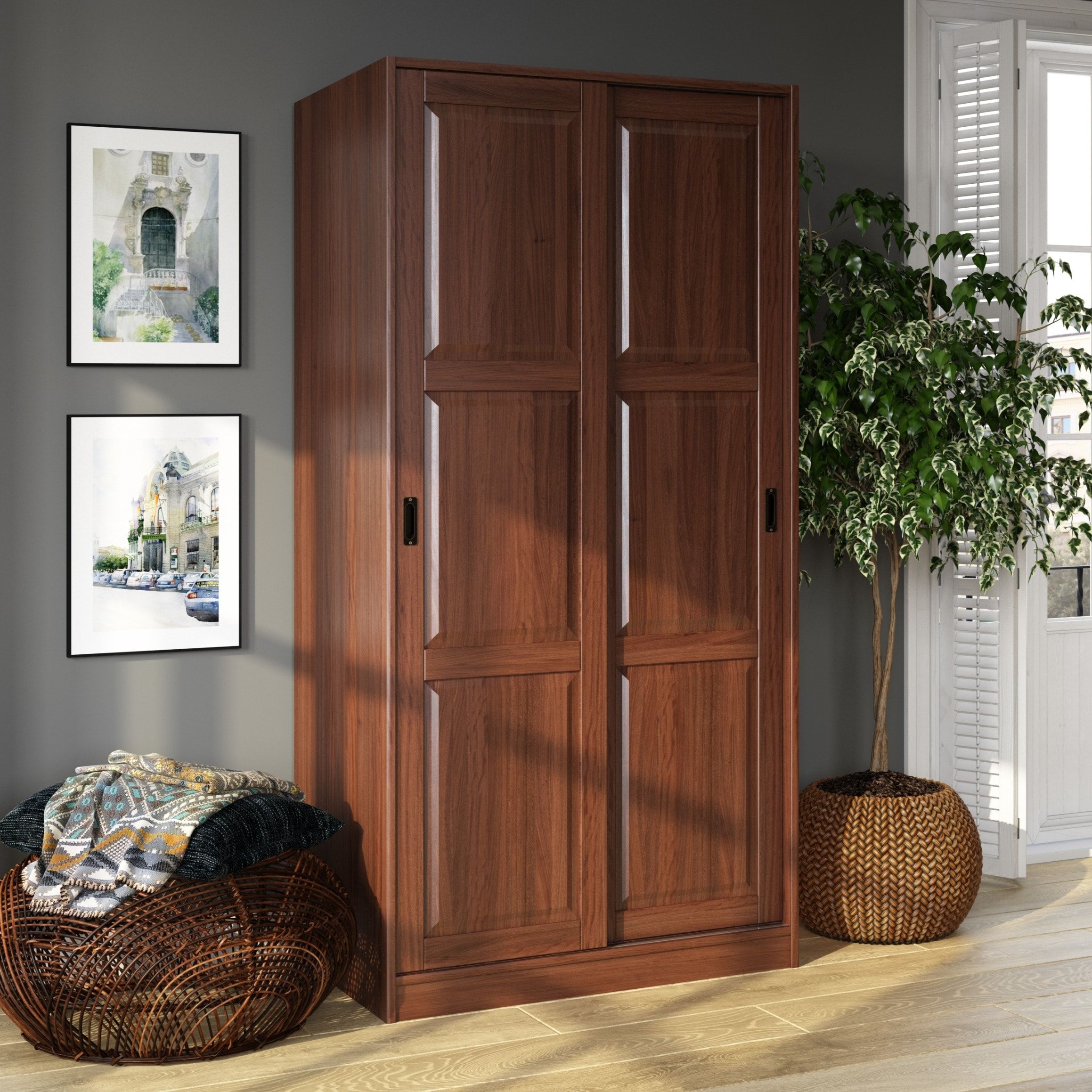 Palace Imports 100% Solid Wood 2 Sliding Door Wardrobe Armoire With  Mirrored, Closed Louvered Or Raised Panel Doors – On Sale – Bed Bath &  Beyond – 20000830 Inside Solid Wood Wardrobe Closets (Photo 11 of 15)
