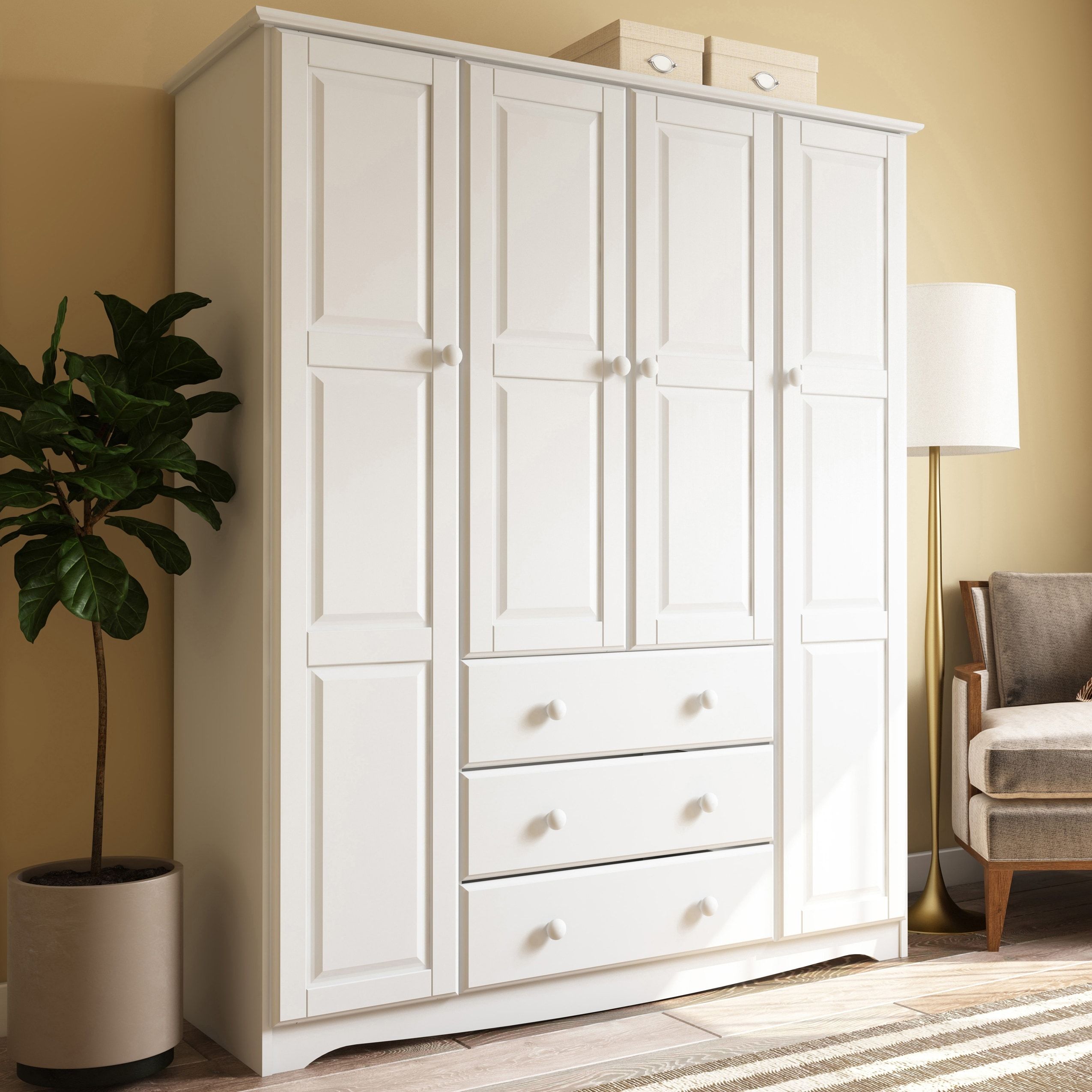 Palace Imports 100% Solid Wood Family 4 Door Wardrobe Armoire With Metal Or  Wooden Knobs – On Sale – Bed Bath & Beyond – 19897094 Throughout Wardrobes With 4 Shelves (View 12 of 15)