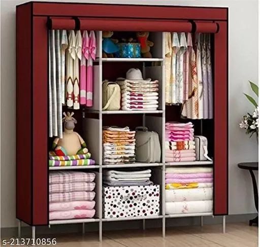 Portable Wardrobe Closet Clothes Organizer Non Woven Fabric Cover With 6  Storage Shelves, 2 Hanging Sections (wine Red) Intended For Mobile Wardrobe Cabinets (View 5 of 15)