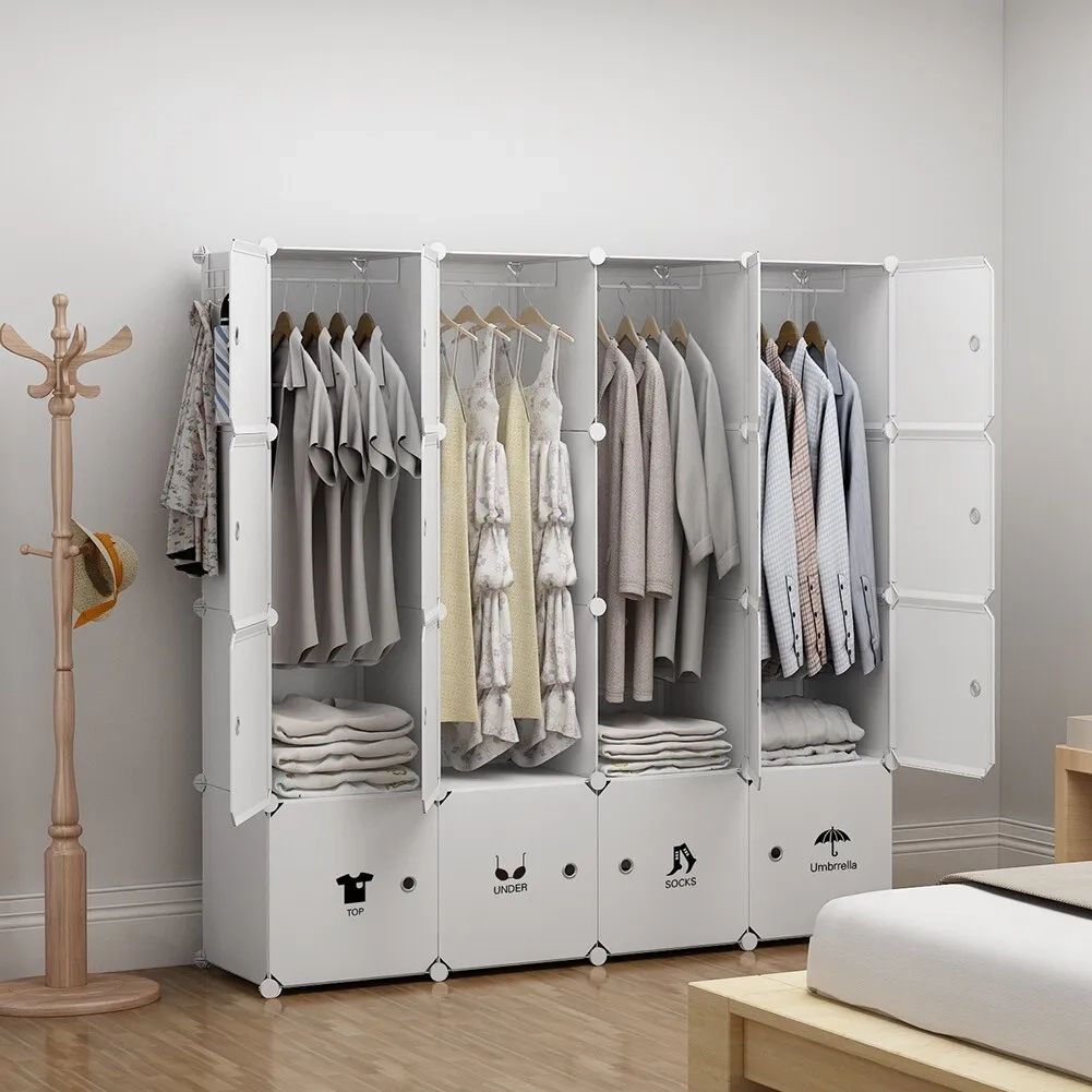 Portable Wardrobe Plastic Modular Closet Organizer, White, 4x4 Tiers  18" Depth | Ebay Intended For Portable Wardrobes (Photo 9 of 15)