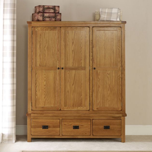 Rustic Oak Triple Wardrobe 3 Door 3 Drawer Wardrobe | The Furniture Market Pertaining To Wardrobes With 3 Drawers (Photo 5 of 15)