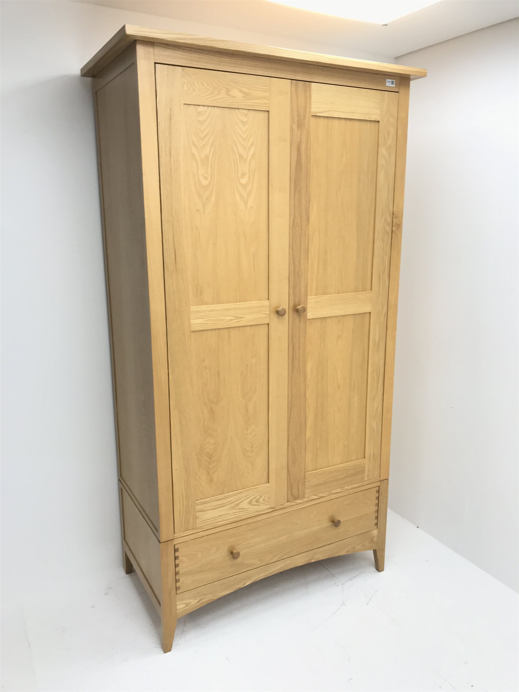Solid Ash Double Wardrobe, Two Drawers Enclosing Hanging Rail And Shelf  Above Single Drawer, Tapering Stile Supports, W108cm, H203cm, D58cm – The  Furnishings Sale – Furniture & Interiors Intended For Double Wardrobe Hanging Rail And Supports (View 14 of 15)