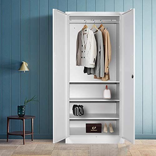 Steel Wardrobe With Clothes Rail，double Doors And 3 Adjustable  Shelves，lockable Metal Cabinet Bedroom Wardrobe Chest, Bedroom Metal  Storage Cabinet, Large Stora… | Steel Wardrobe, Metal Storage Cabinets,  Adjustable Shelving Regarding Large Double Rail Wardrobes (View 15 of 15)