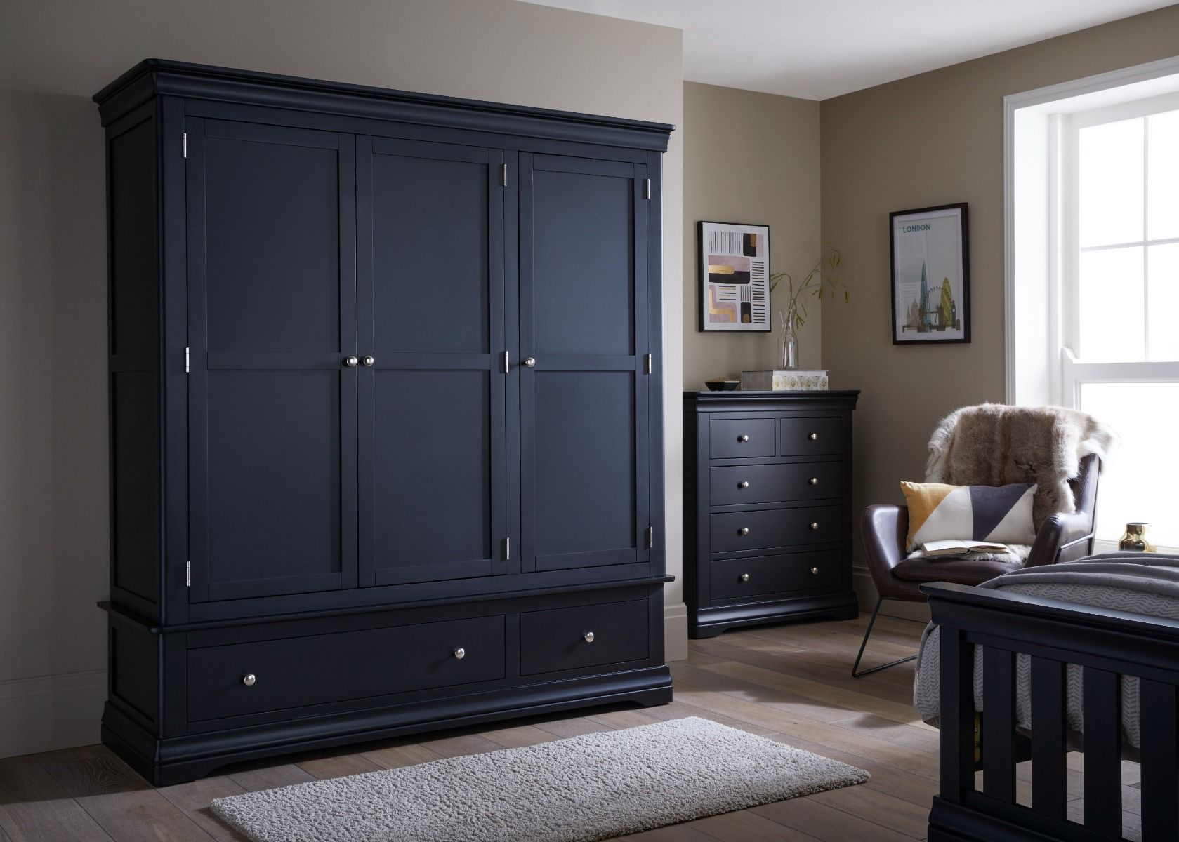 Toulouse Black Painted Large Triple Wardrobe With Drawer For Large Wooden Wardrobes (View 13 of 15)