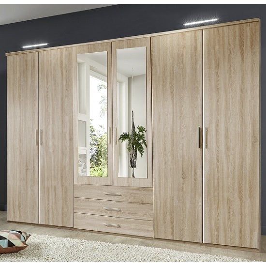 Tracy Mirrored Wardrobe Large In Oak Effect With 6 Doors | Furniture In  Fashion Within Large Wooden Wardrobes (Photo 8 of 15)