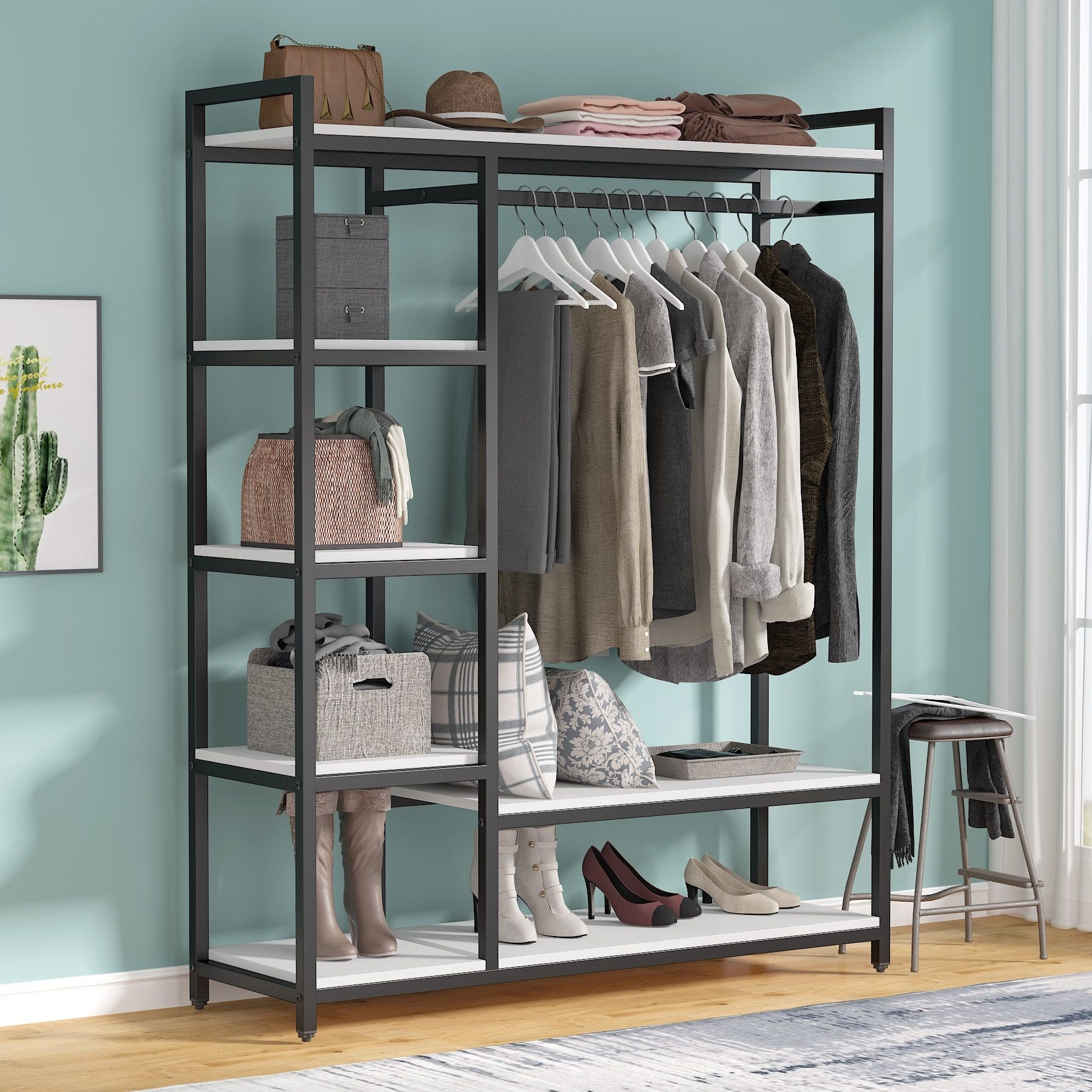 Tribesigns Free Standing Closet Organizer With 6 Storage Shelves And  Hanging Bar, Large Standing Clothes Garment Rack – On Sale – Bed Bath &  Beyond – 32566944 With 6 Shelf Wardrobes (View 11 of 15)