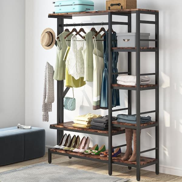 Tribesigns Way To Origin Billie Brown Closet System Starter Kit Garment Rack  With Shelves Hang Rod,4 Hooks (70.9 In. X 47.2 In. X 15.8 In (View 7 of 15)
