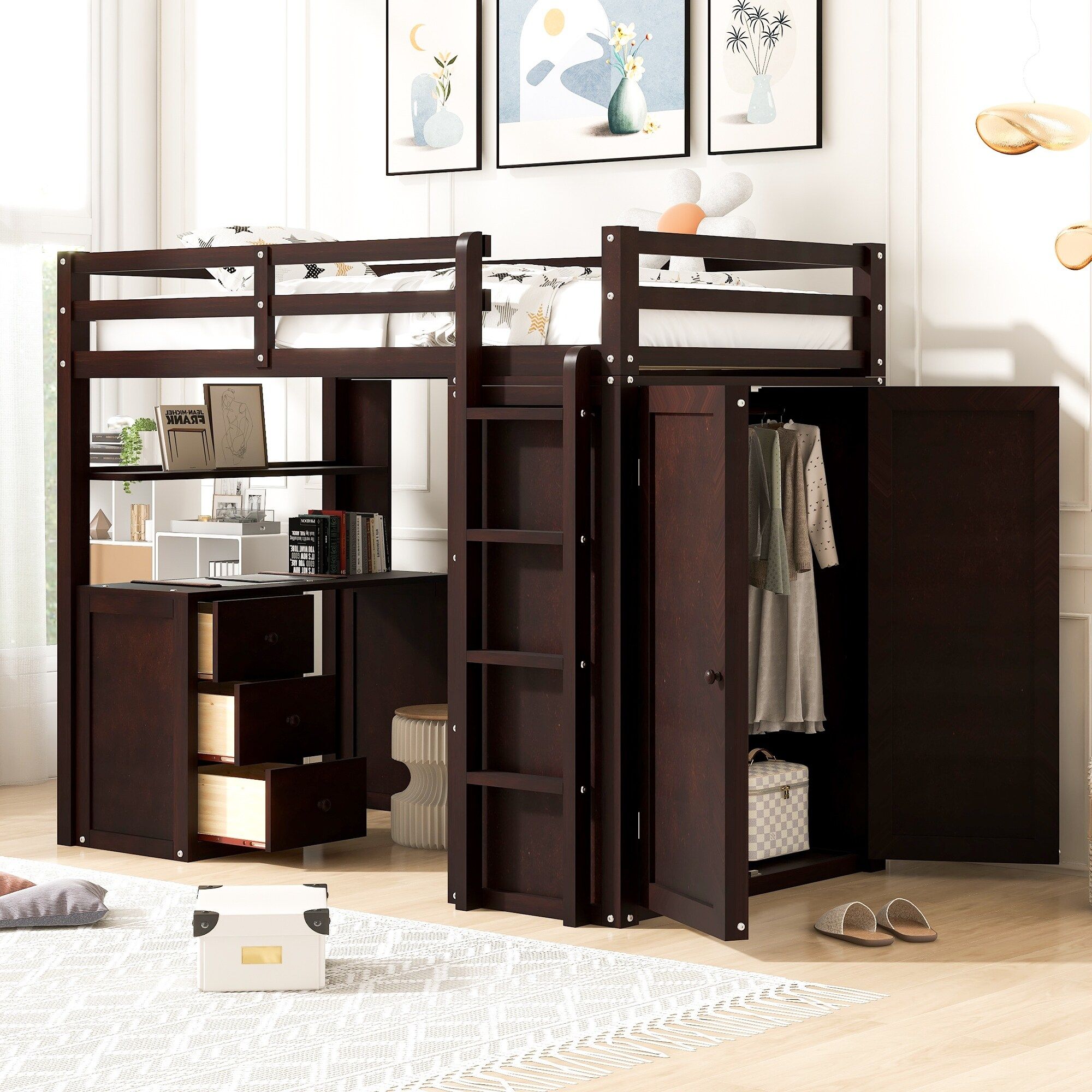 Twin Loft Bed With Wardrobes And Desk, Solid Wood Bed Frame W/ 2 Storage  Drawers Cabinet, For Kids Teens Adults Bedroom,espresso – On Sale – Bed  Bath & Beyond – 37893166 Within Espresso Wardrobes (View 5 of 15)