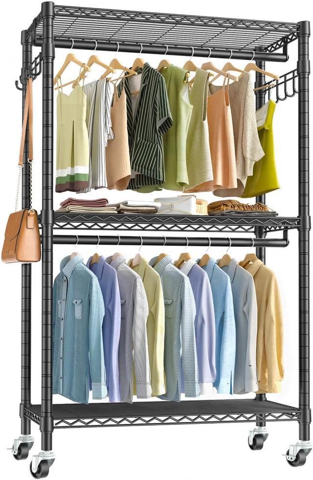 Vipek V12 Portable Closets Heavy Duty Rolling Garment Rack 3 Tiers  Adjustable Wire Shelving Clothes Rack With Double Rods And Side Hooks,  Freestanding Wardrobe Storage Rack Metal Clothing Rack, Black – Newegg Within Wire Garment Rack Wardrobes (Photo 11 of 15)